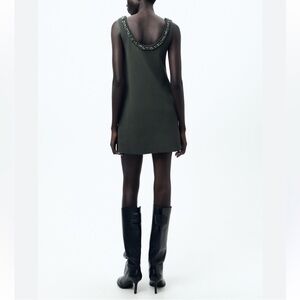 Zara Chic sage green Sleeveless Dress with Sparkly stone Embellished Neckline